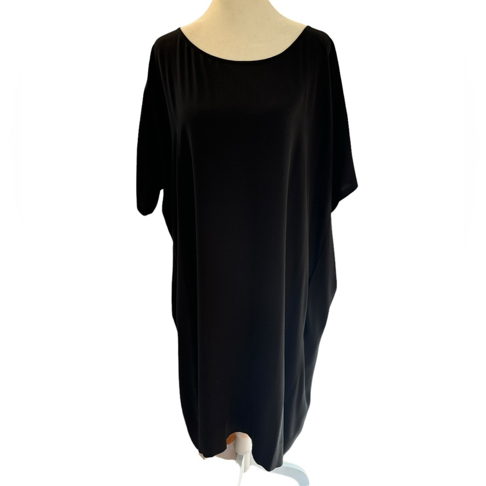 Eileen Fisher Black Silk Midi Dress. Short Sleeves, Boxy Cut. Size L. EUC
